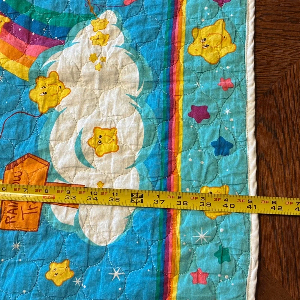 Vintage Care Bears Baby Quilt Handmade Blue Rainbow Trail Star Blanket